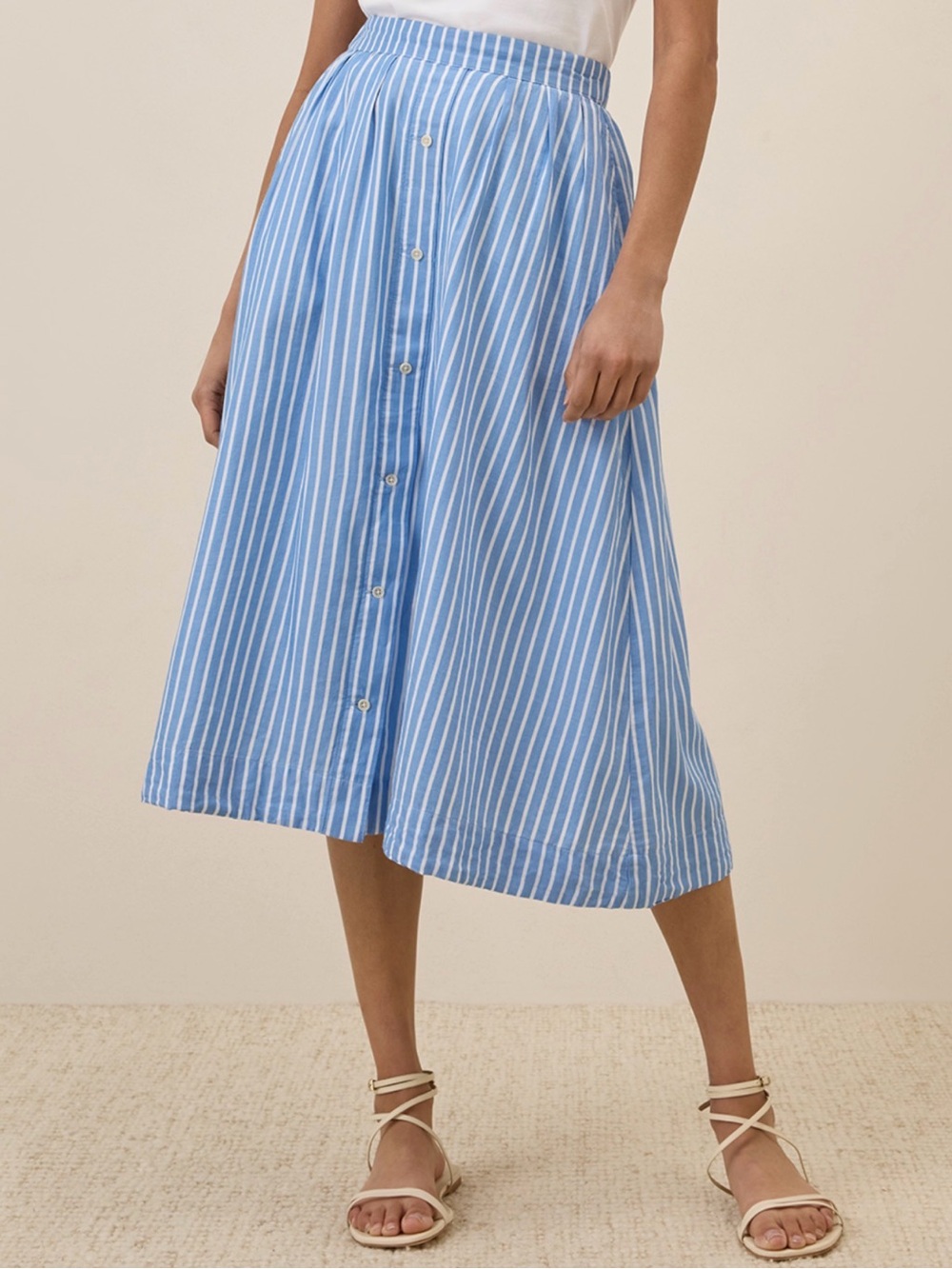 Pact Sunset Lightweight organic Cotton Button detail Skirt Sz S striped blue